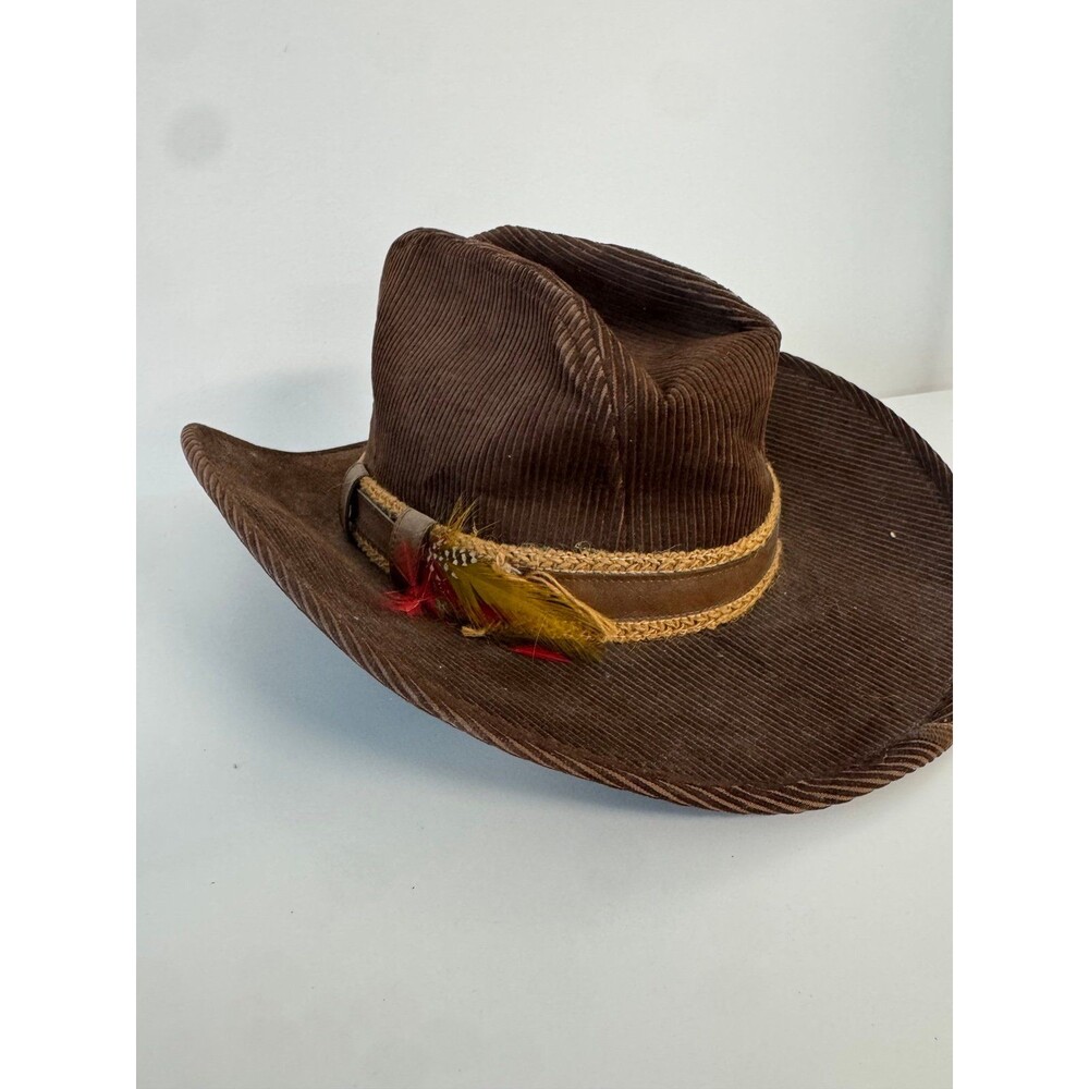 1970s Corduroy Cowboy Hat Original Brown With Feathers Western Braided Band